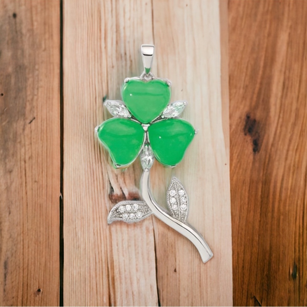 925 Sterling Silver Green Jade Clover 3-Leaf CZ Irish Shamrock Charm Pendant